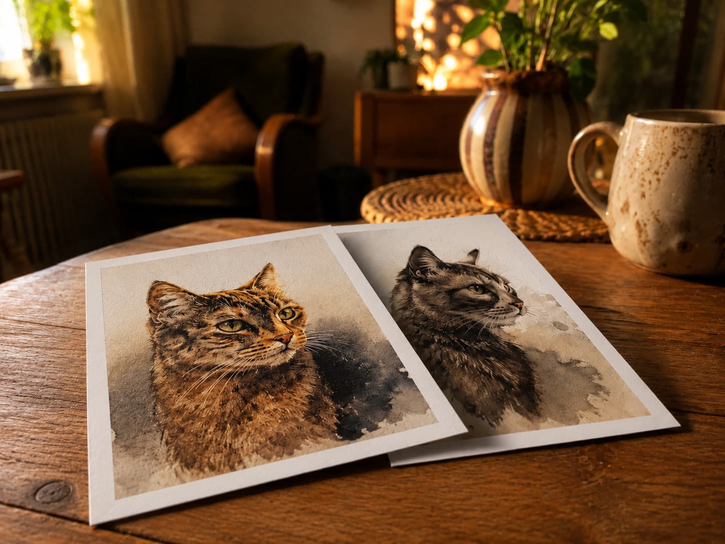 Twee losse kunstdrukken van een kattenportret die elkaar overlappen op een houten tafel, met de korrel van het katoenpapier en de witte scheprand duidelijk zichtbaar in strijklicht