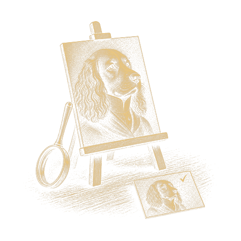 Goudlijntekening: op een tafelezel het portret van de hond, een loep ertegen; ervoor een kaartje met datzelfde portret en een gouden vinkje