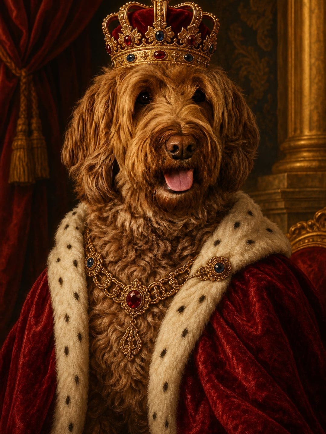 Dezelfde hond als afgewerkt kunstportret: als koning in een rode mantel met hermelijn en een gouden kroon