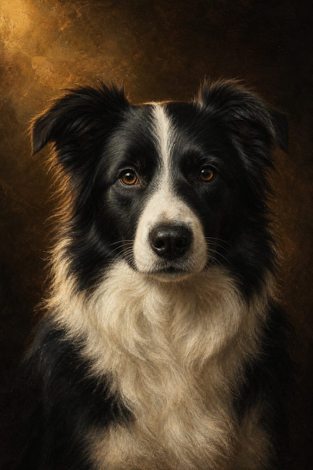 Geschilderd rasportret van een border collie in klassieke stijl, warm zijlicht tegen een donkere achtergrond