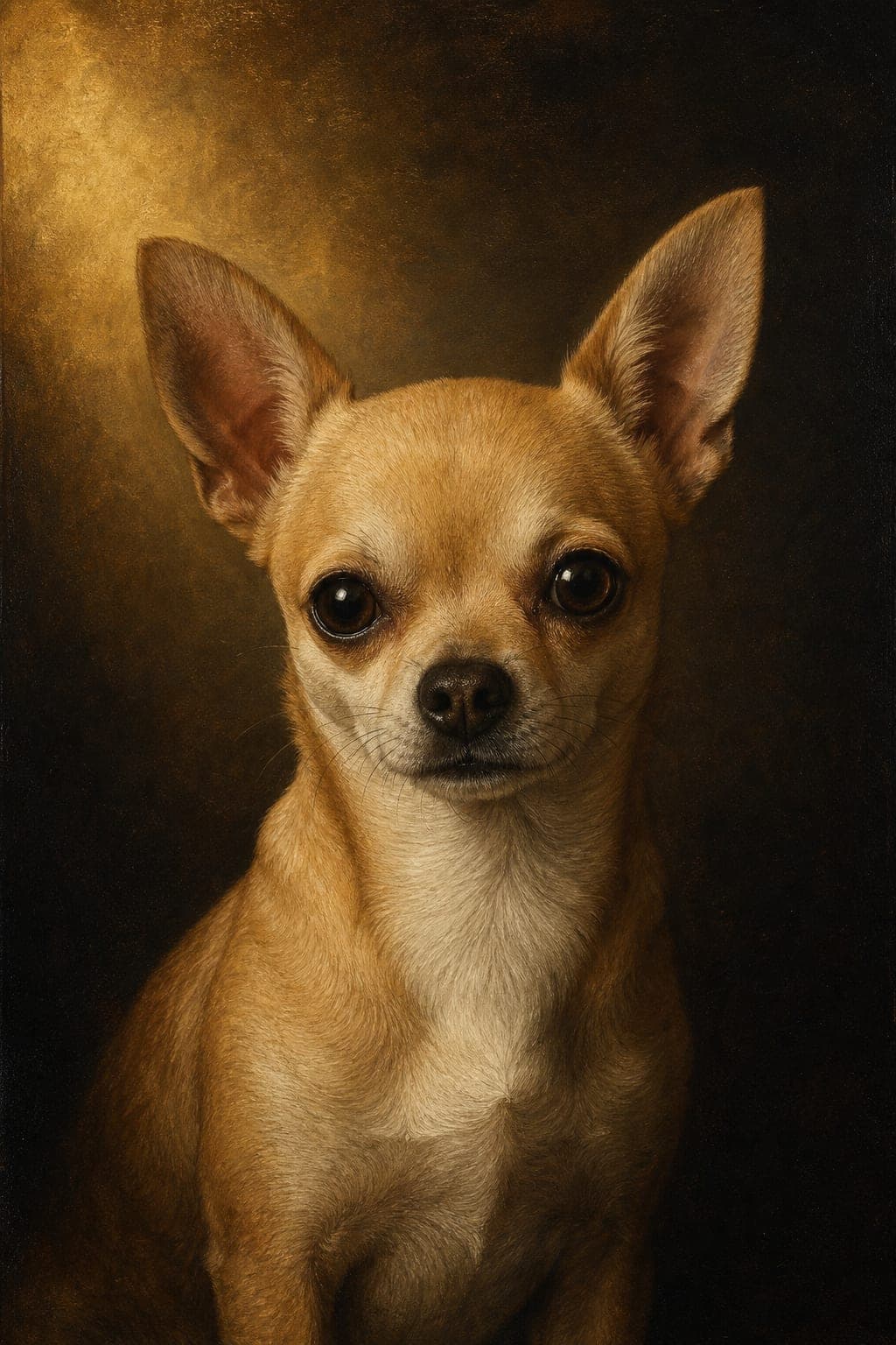Geschilderd rasportret van een chihuahua in klassieke stijl, warm zijlicht tegen een donkere achtergrond