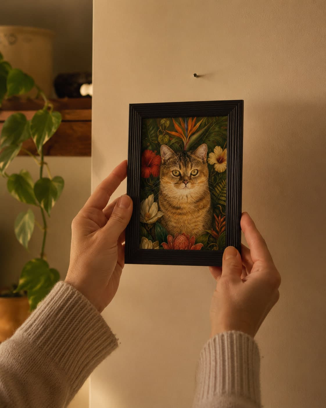 Twee handen houden een klein zwart ingelijst kattenportret tegen een warme muur, vlak voor het ophangen; de spijker zit er al in