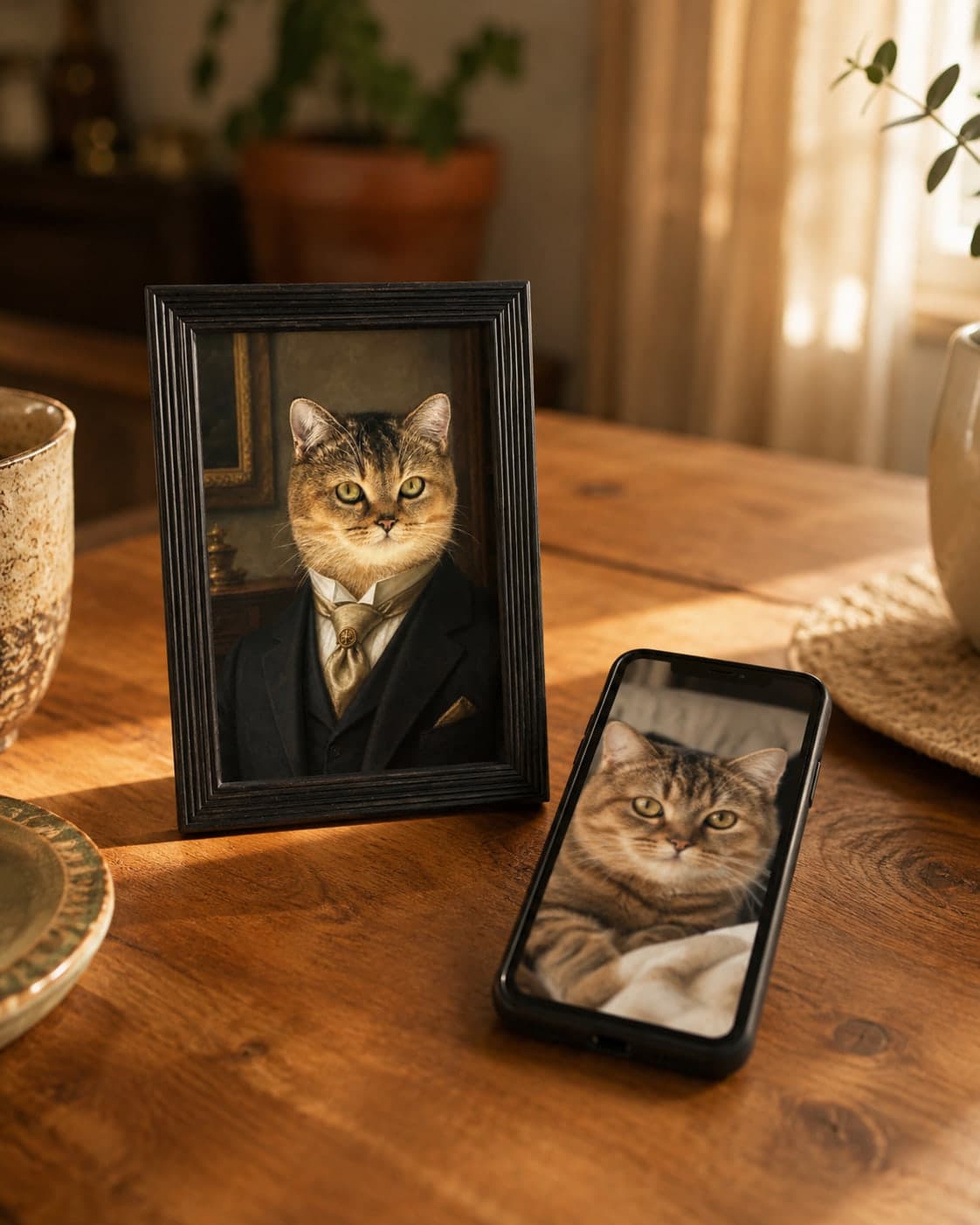 Een telefoon met een alledaags kiekje van een kat op tafel, met daarnaast datzelfde dier als afgewerkt, ingelijst portret