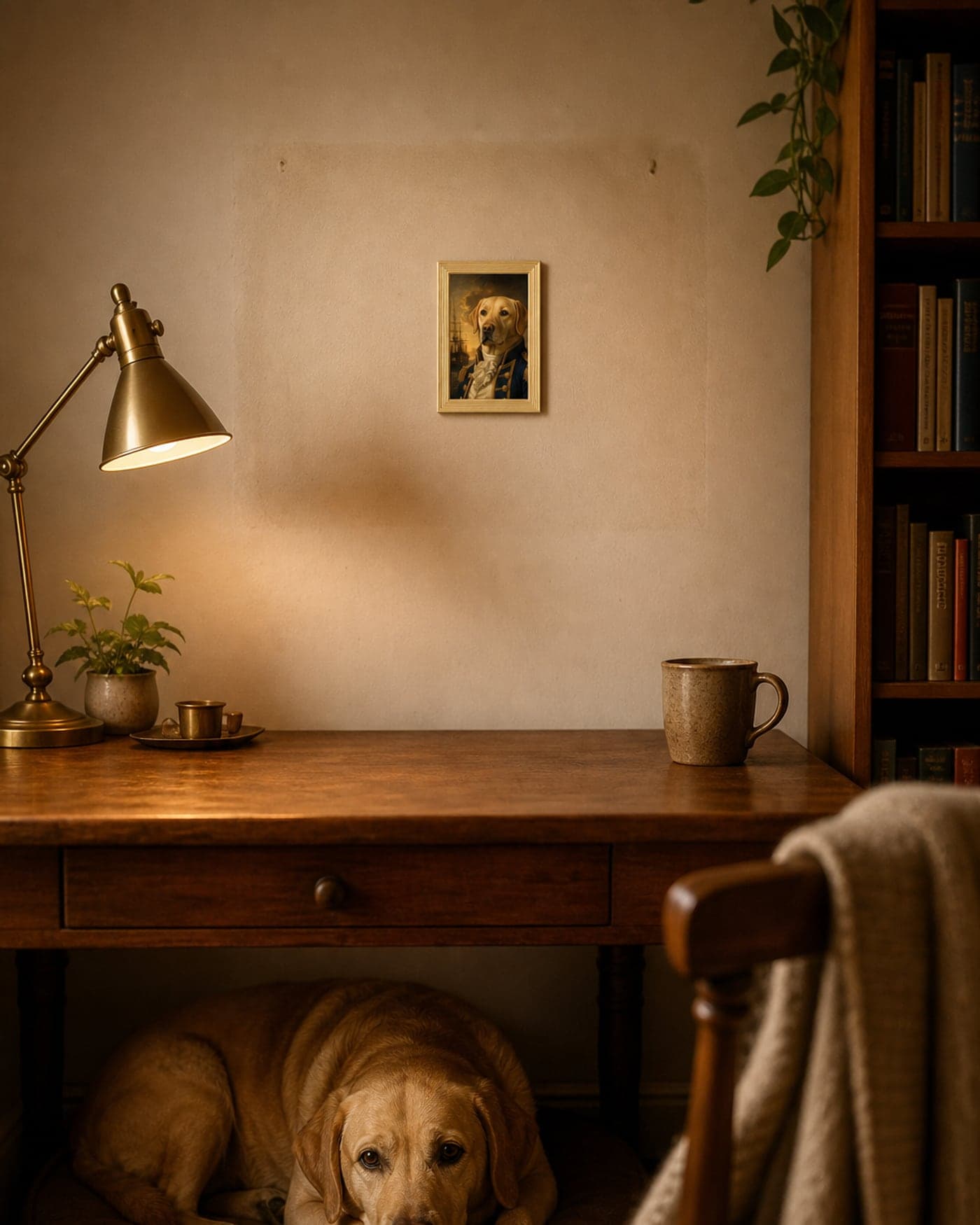 Voormalige werkkamer met een houten bureau en een messing leeslamp; op de muur, in de lichte plek waar het planbord hing, een klein ingelijst hondenportret, en dezelfde blonde labrador die onder het bureau ligt
